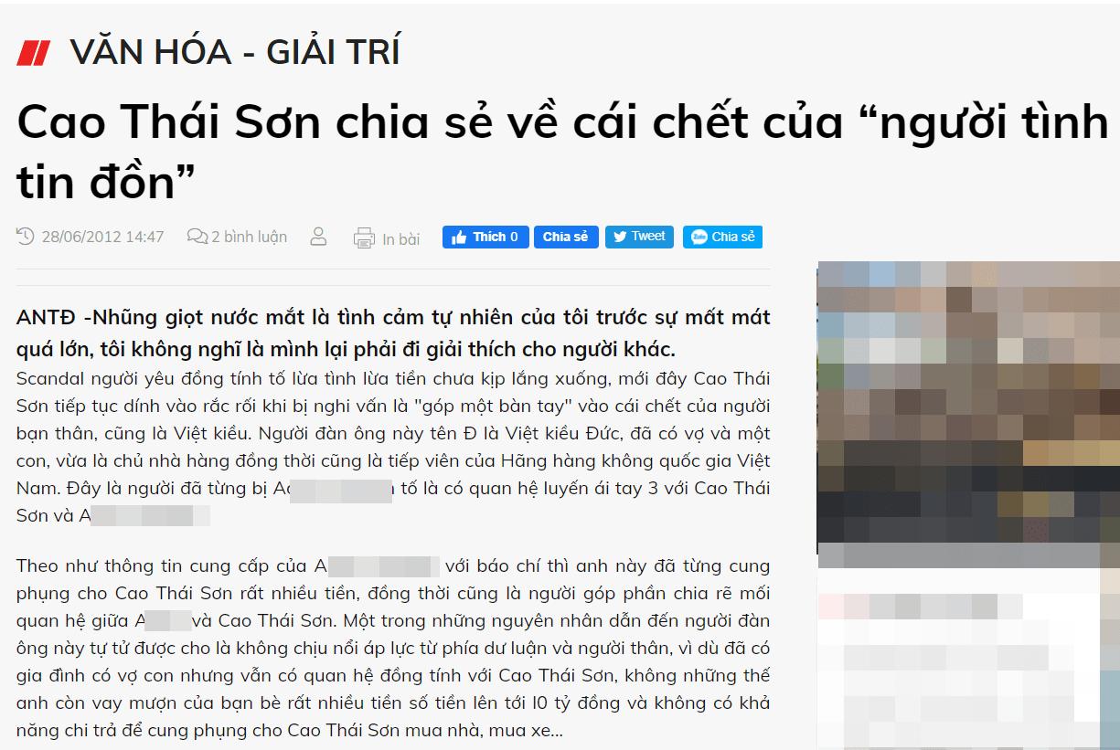 Hình ảnh chụp màn hình bài báo về scandal của Cao Thái Sơn.