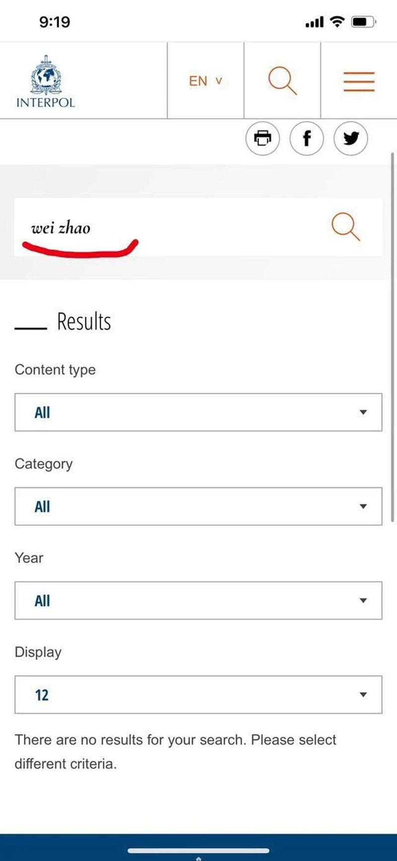 Kết quả tìm kiếm Triệu Vy trên website Interpol