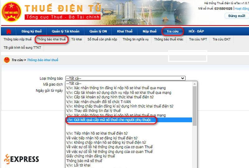 Lựa chọn thông báo "Gửi kết quả cấp mã số thuế cho người phụ thuộc" trên hệ thống ETAX
