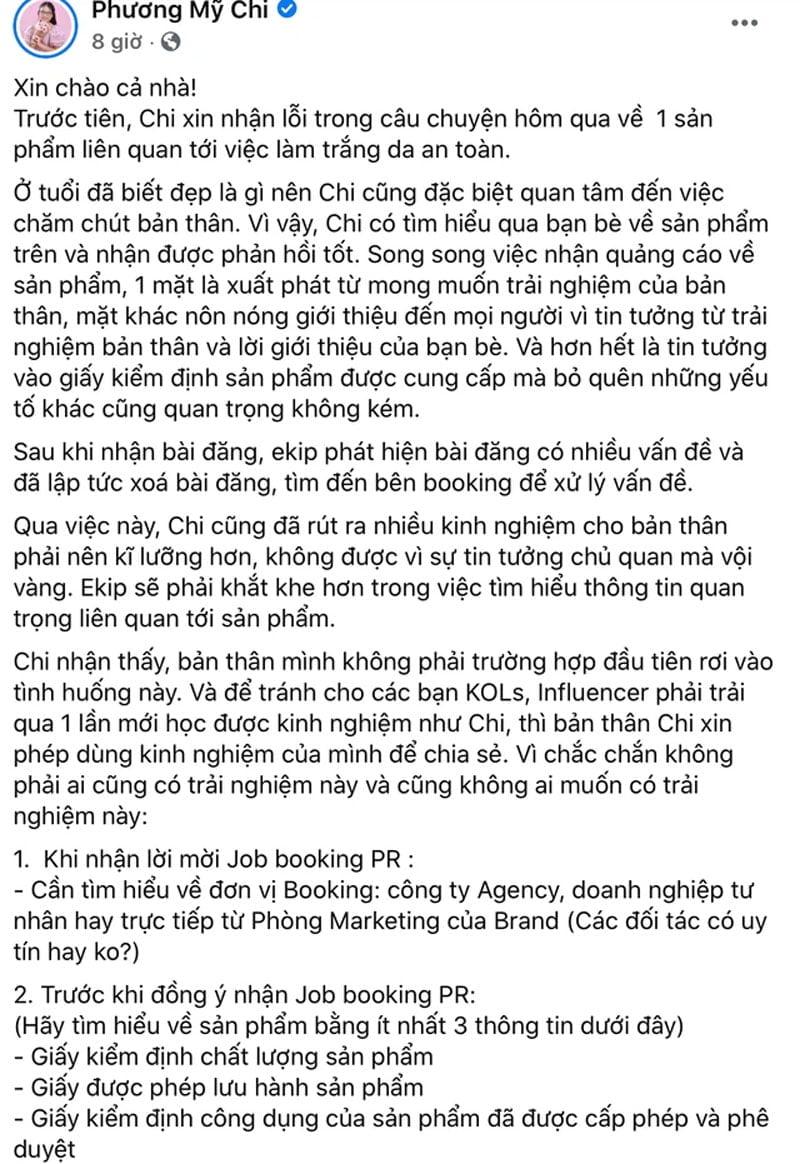 Phương Mỹ Chi đăng bài xin lỗi trên trang cá nhân
